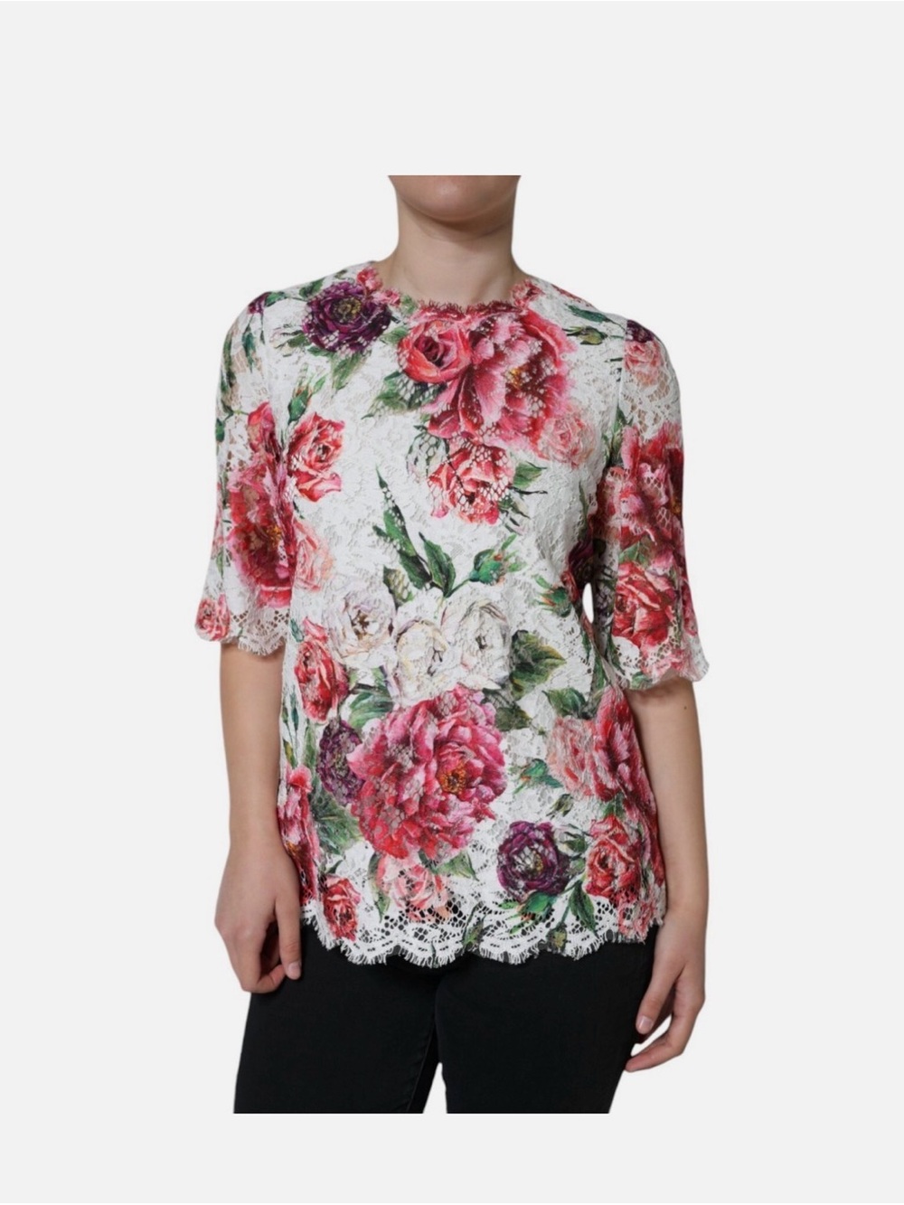 Dolce & Gabbana White Lace Floral Tunic with Pink Rose Print